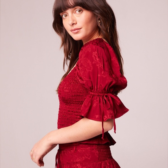 Band of the Free Lea Rhubarb Smocked Puff Sleeve Ruffle Hem Crop Top Size Large - Picture 3 of 11